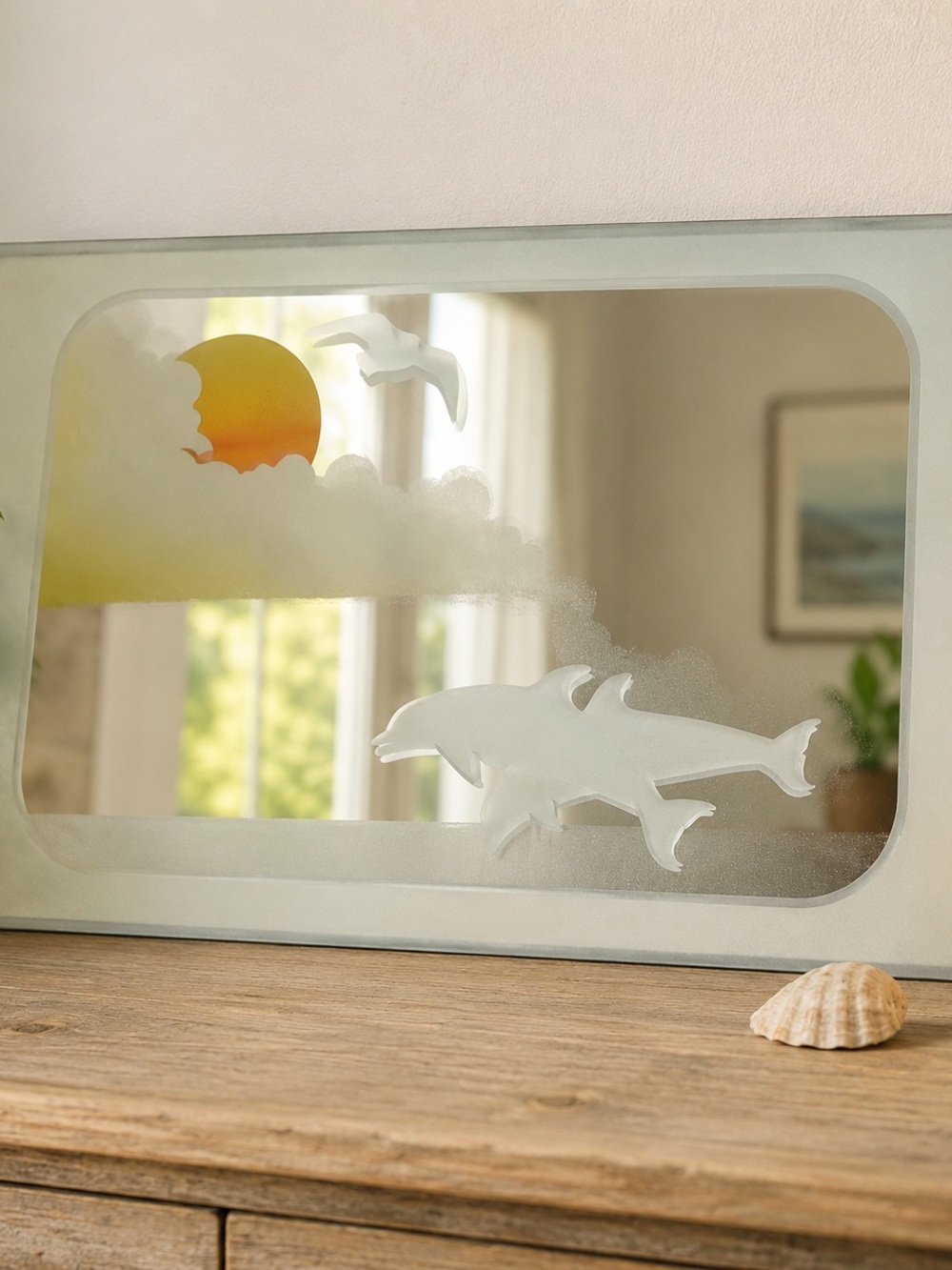 Frosted Dolphin Wall Mirror with Sunset Accent - White and Orange